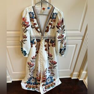 Farm Rio Anthropologie V-Neck Long Balloon Sleeve Button Print Maxi Dress XXS